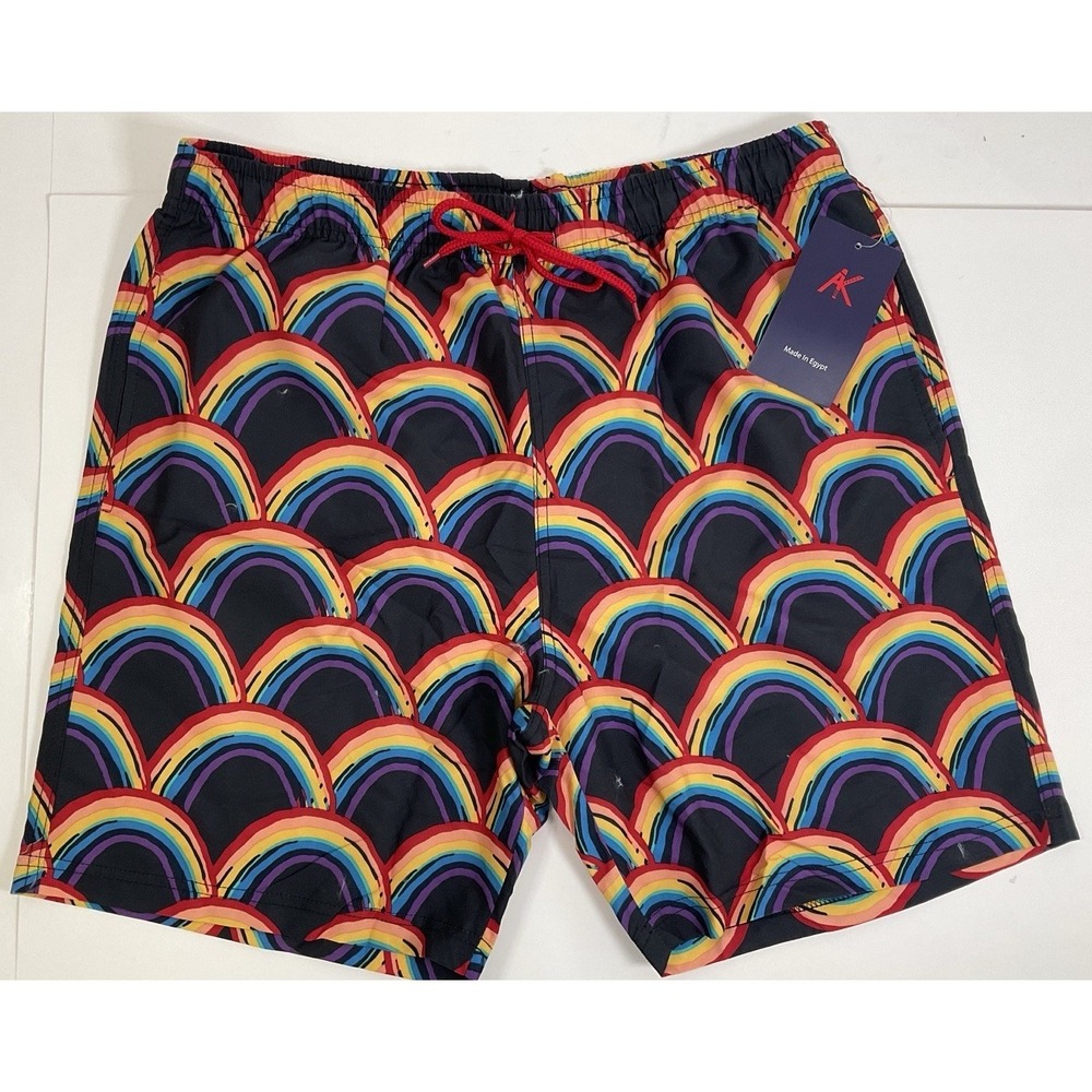 NWT Men's AK Quality Wear Lined Swim Trunks‎ Black w/ Rainbows Pride Large